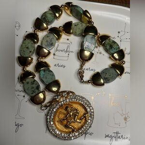 HEAVY Vintage 14KT Yellow Gold Filled and Green Stones Archer Cameo Necklace